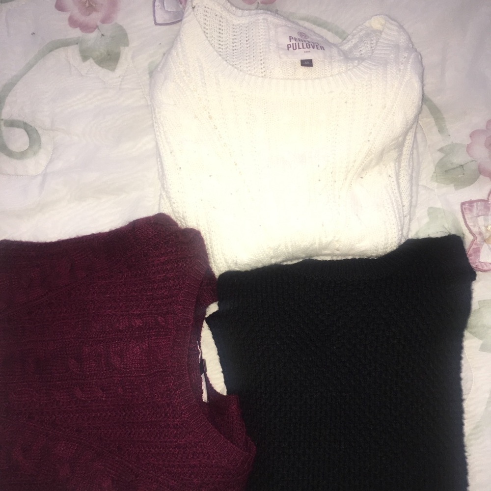 3 sweaters, black, white, burgundy